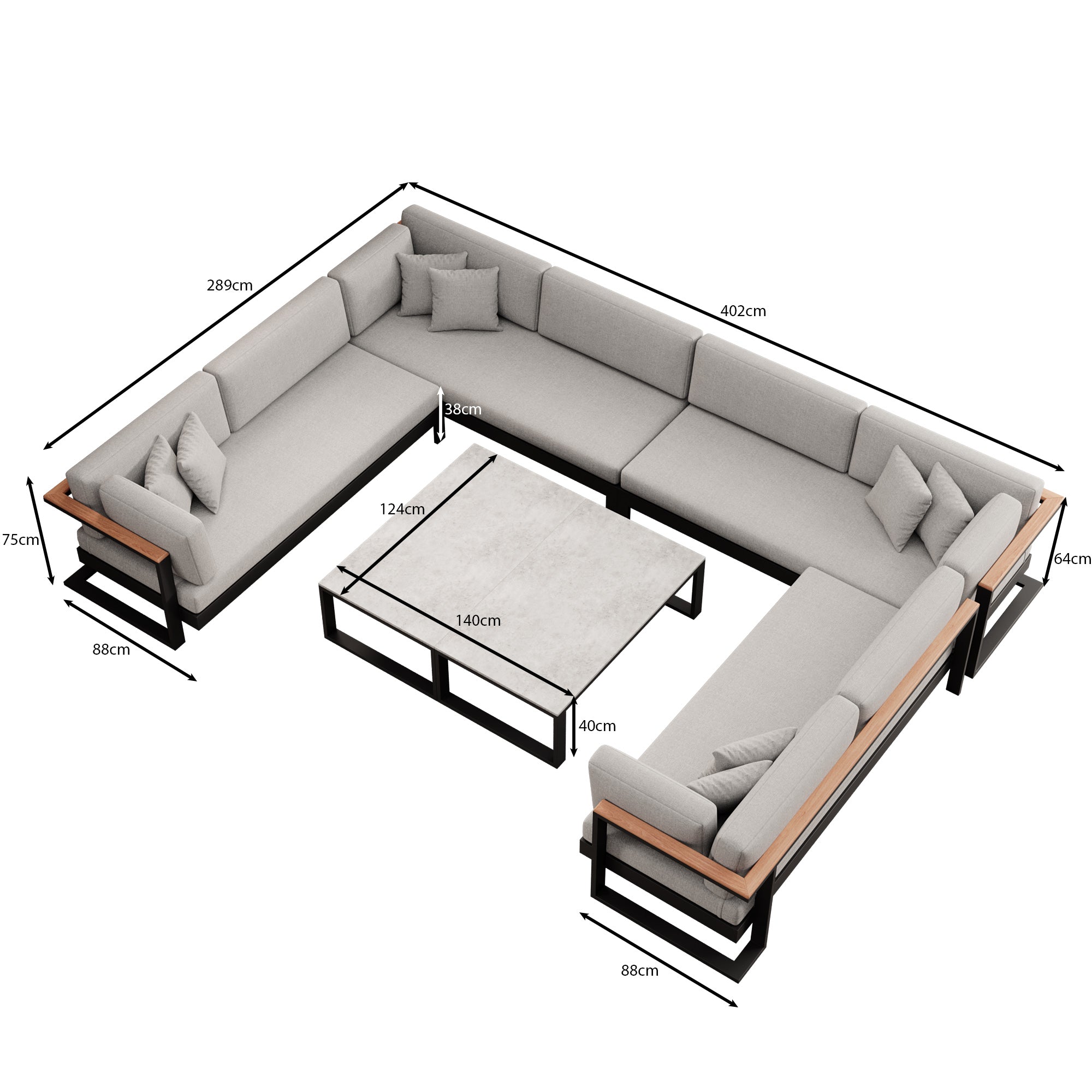 Vayla – Wohnlandschaft in U-Form mit Tisch aus schwarzem Aluminium | Aevora™ Kollektion