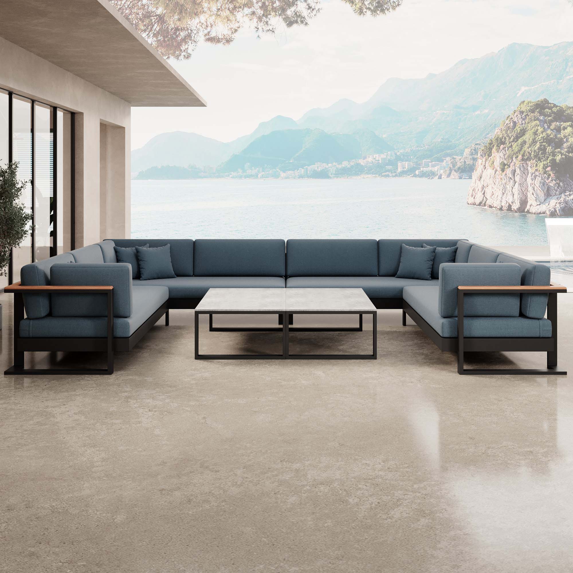 Vayla – Wohnlandschaft in U-Form mit Tisch aus schwarzem Aluminium | Aevora™ Kollektion