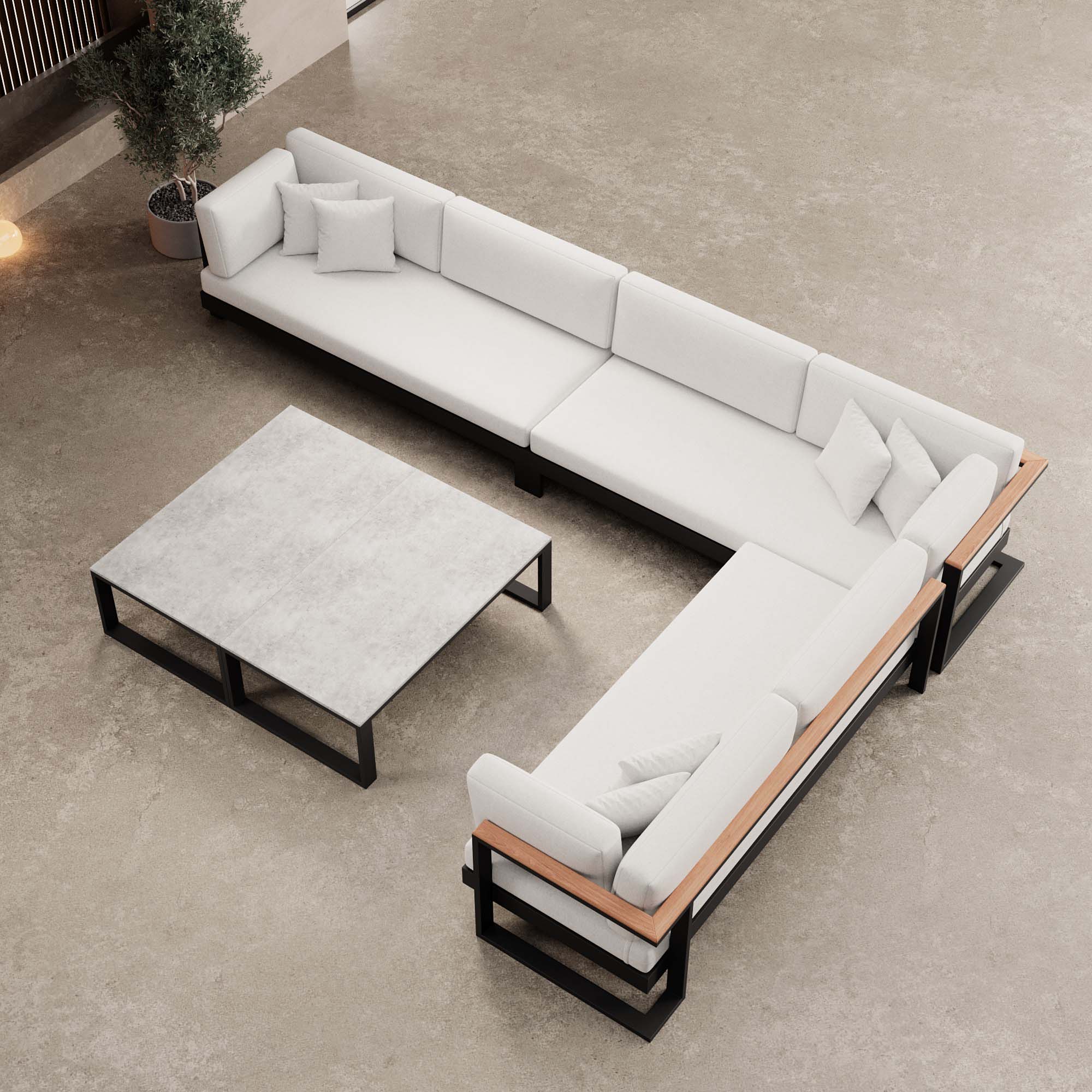 Vayla – Wohnlandschaft mit Doppeltisch & Ecksofa aus schwarzem Aluminium | Aevora™ Kollektion