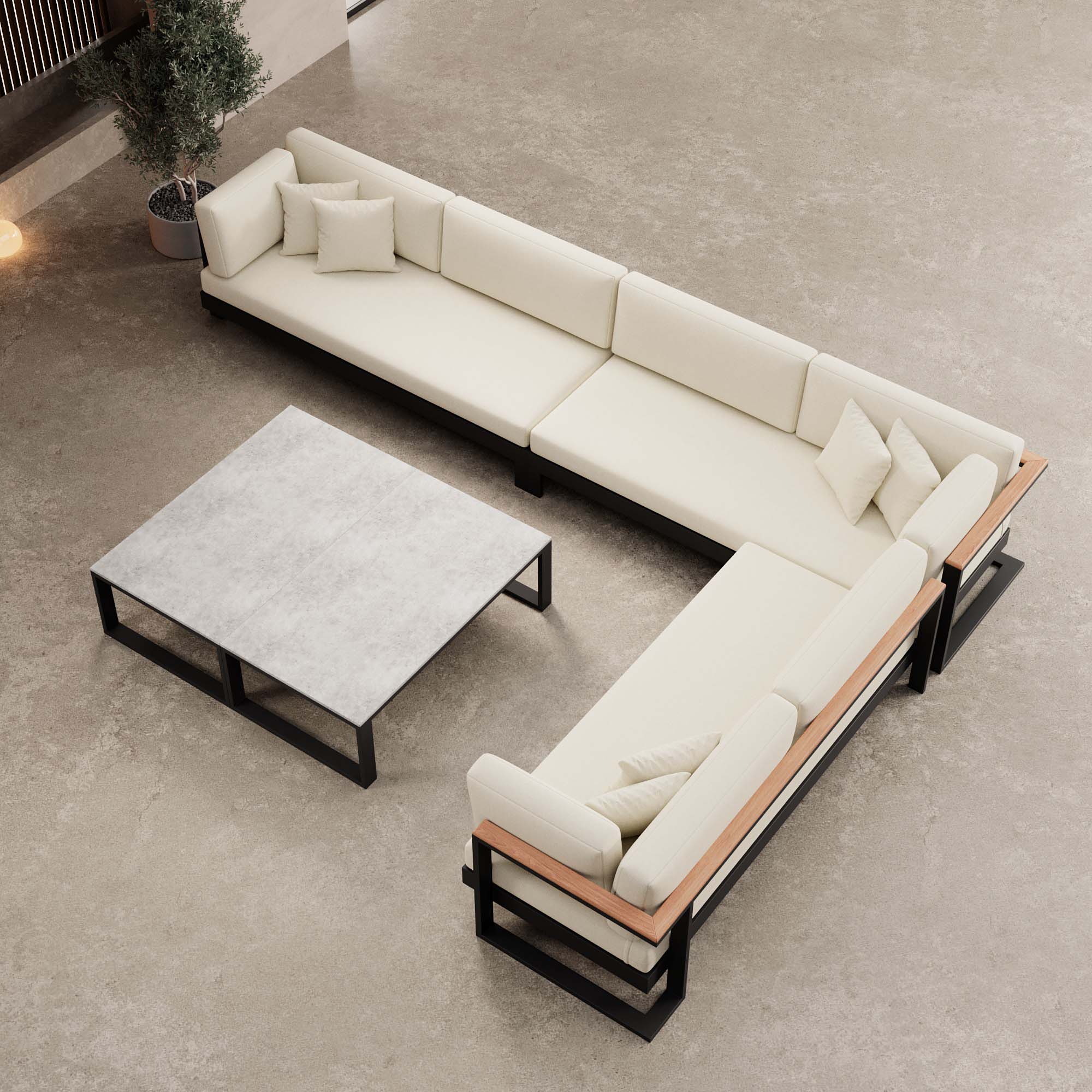 Vayla – Wohnlandschaft mit Doppeltisch & Ecksofa aus schwarzem Aluminium | Aevora™ Kollektion