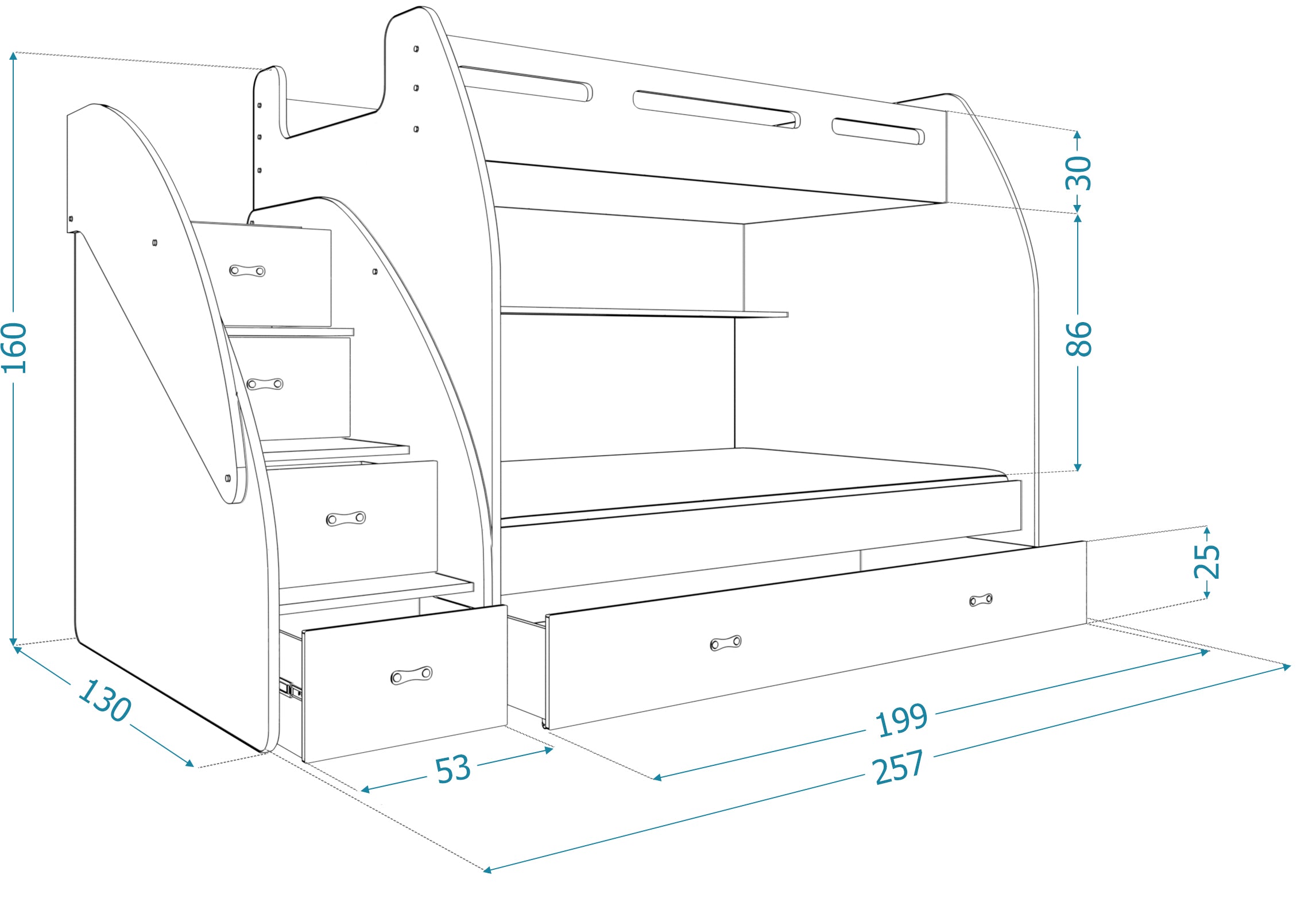 Kannerhéichbett Dream - mat zwou Liegflächen, vill Späicherplaz & Matratzen abegraff