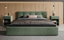 Designer Polsterbett Alva in Strukturstoff (Raven 77) in Grün – Milieu frontal
