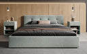 Designer Polsterbett Alva in Strukturstoff (Raven 80) in Vintage Blau – Milieu frontal