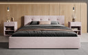 Designer Polsterbett Alva in Strukturstoff (Raven 91) in Taupe – Milieu frontal