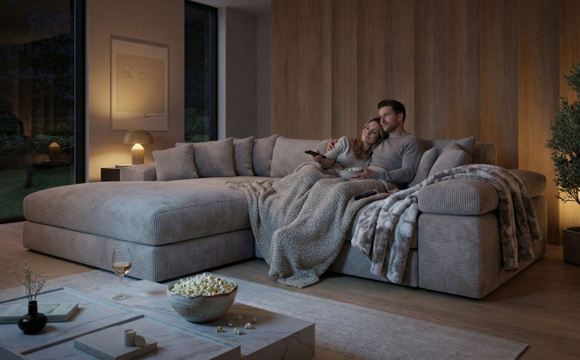 Canapé design Bernardo avec large ottomane en côtelé