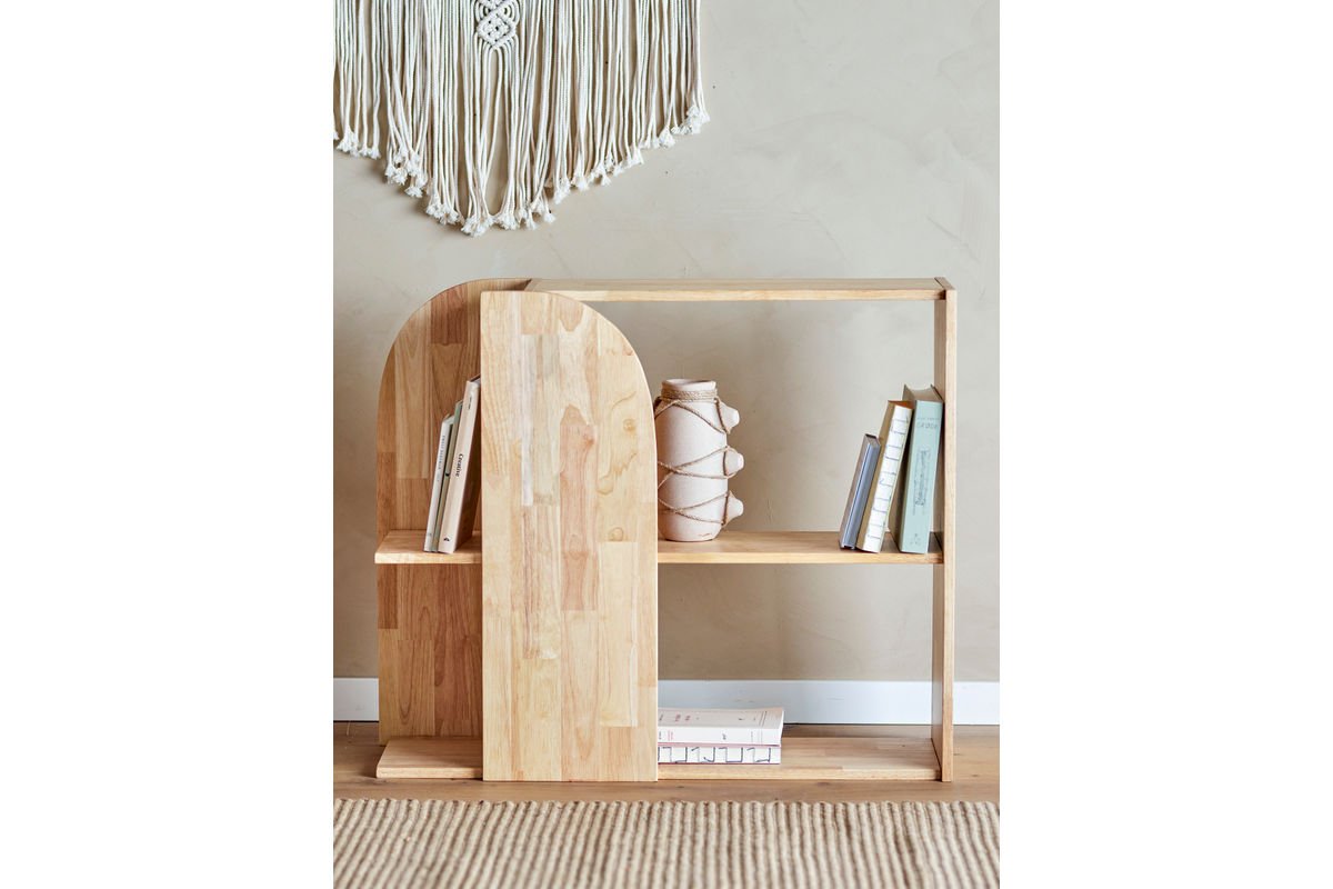Étagère à livres Emit – Bois d'hévéa naturel au design graphique