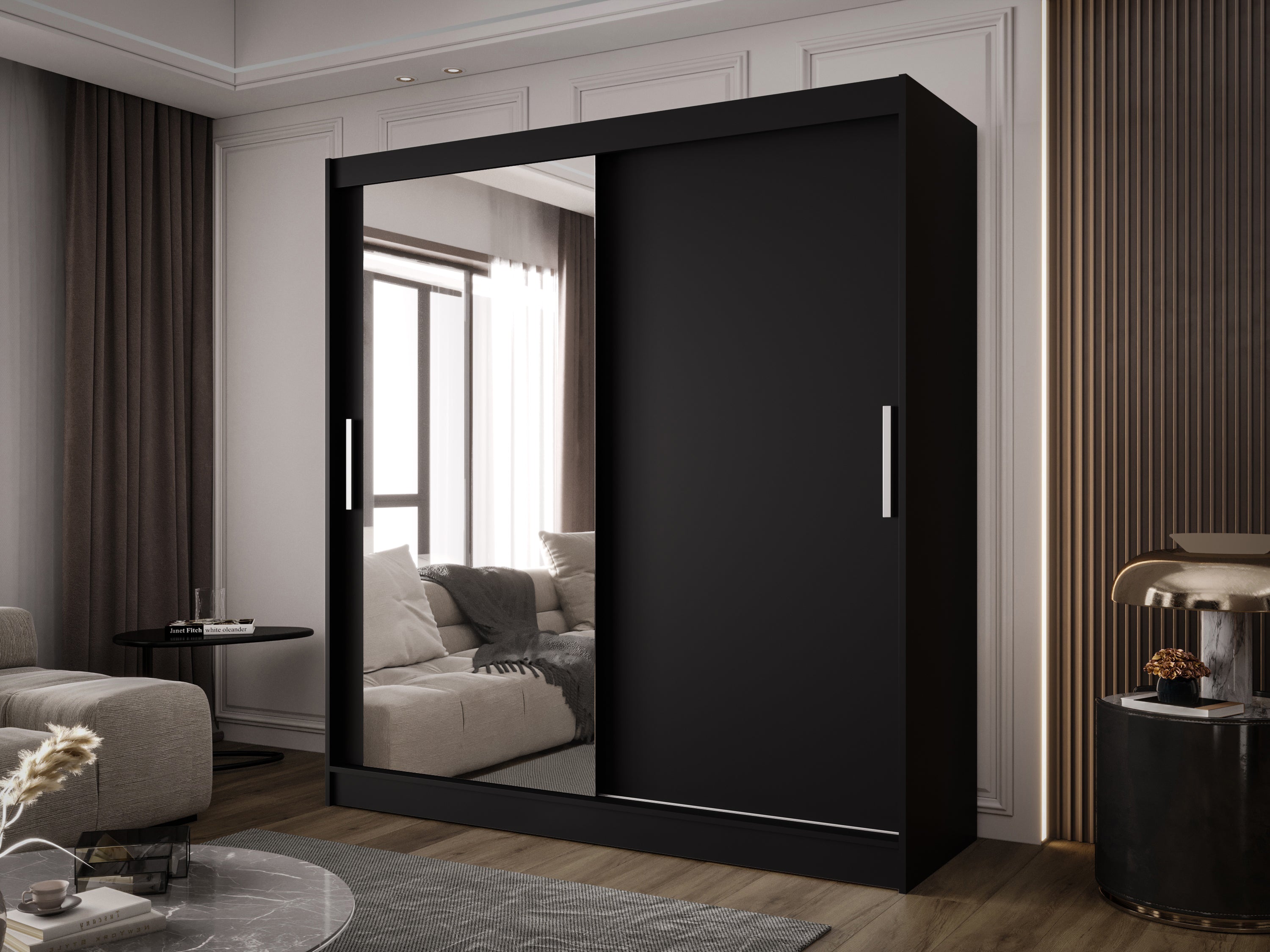 Designer Kleederschaf Aveno – Wäiss oder Schwaarz mat minimalistëschen Schiebedieren