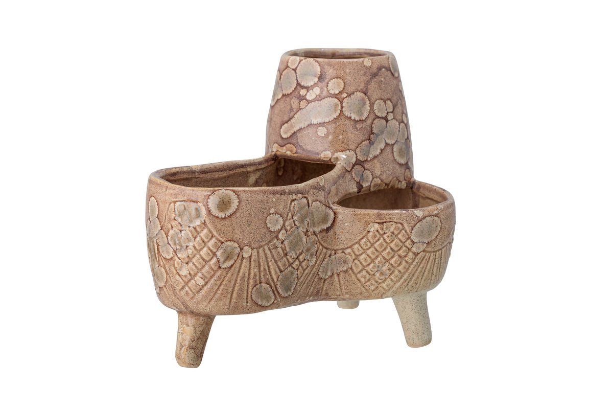 Blummepott Elsin – Dräibeineg Steingutdesign am Natierleche Ton