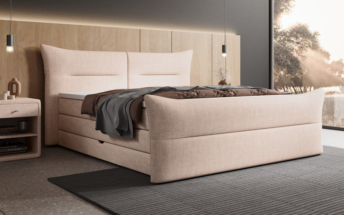 Boxspringbett Elea Leinen-Optik in Beige (Beverly 1) – Milieu seitlich