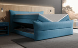 Boxspringbett Elea Leinen-Optik in Blau (Beverly 20) – Stauraum geöffnet