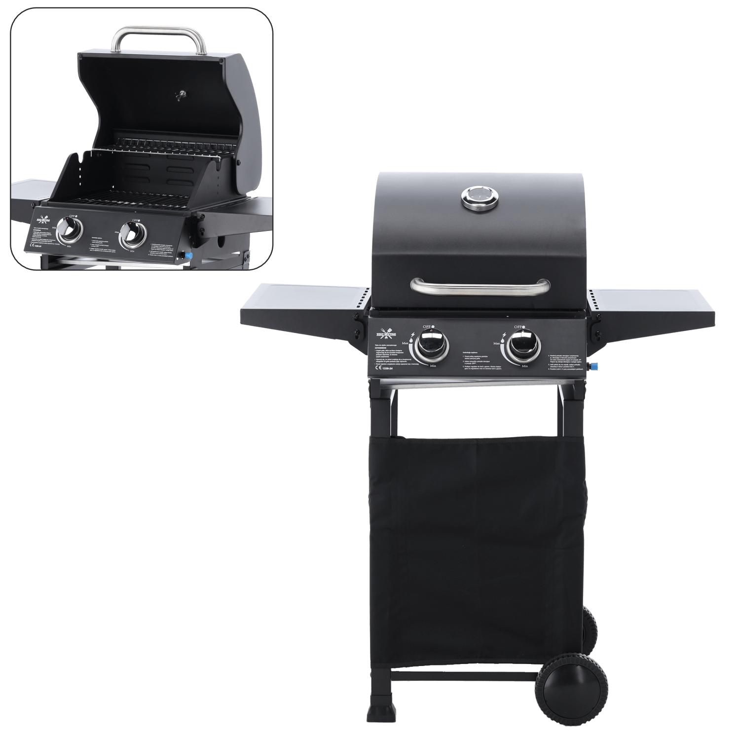 Gasgrill BarbecuePro – 2-Brenner Grillwägelchen mat Thermometer & zousammeklappbare Säitetësch