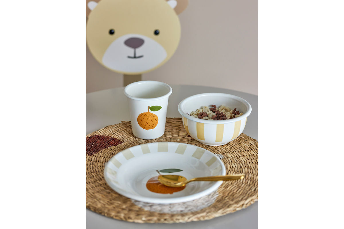 Kanner Geschir-Set Anni – 3-deelleg a Wäiss mat Orangen & Sträifen