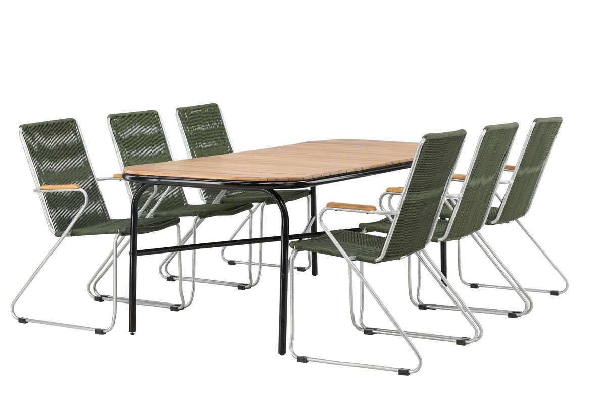 Ensemble de repas de jardin Boris – ensemble de mobilier de jardin 7 pièces avec chaises vertes