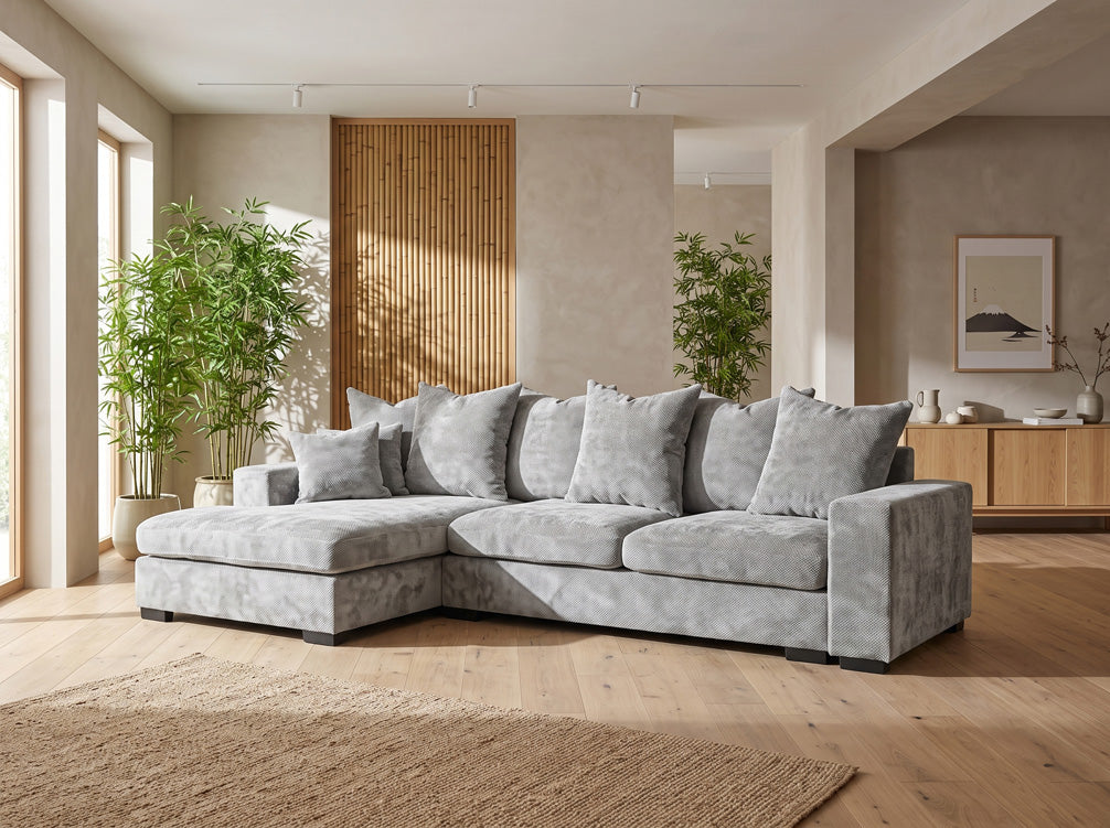 Canapé design Selena L avec fonction couchage en tissu structuré