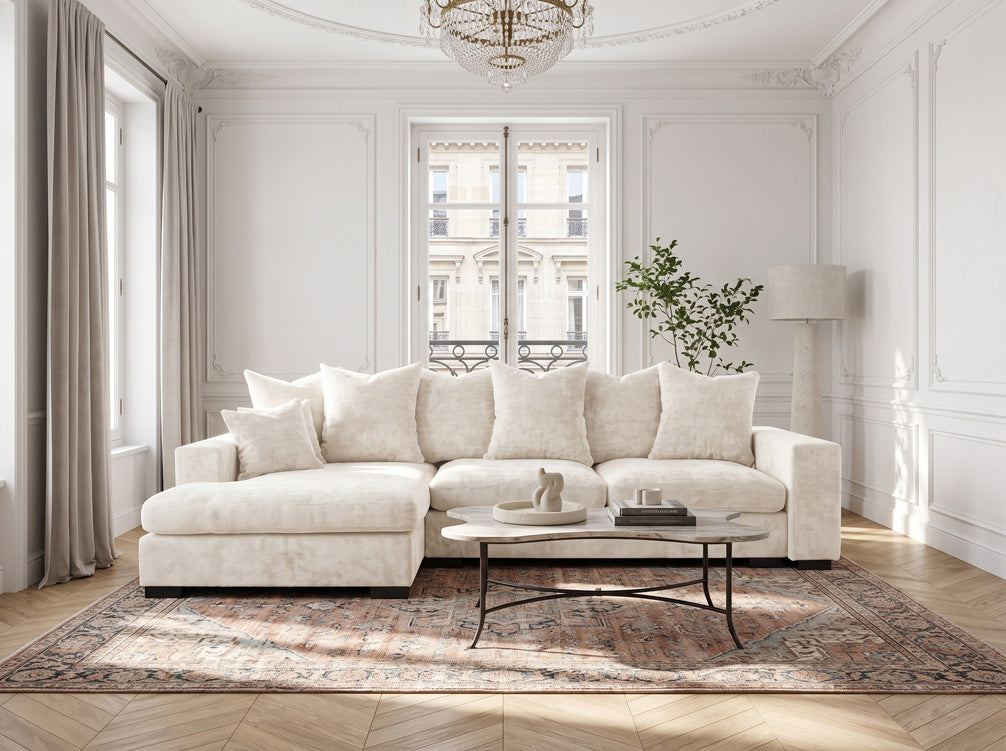 Canapé design Selena L avec fonction couchage en tissu structuré