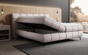 Boxspringbett Milla Strukturstoff in Taupe (Raven 91) – Stauraum geöffnet seitlich