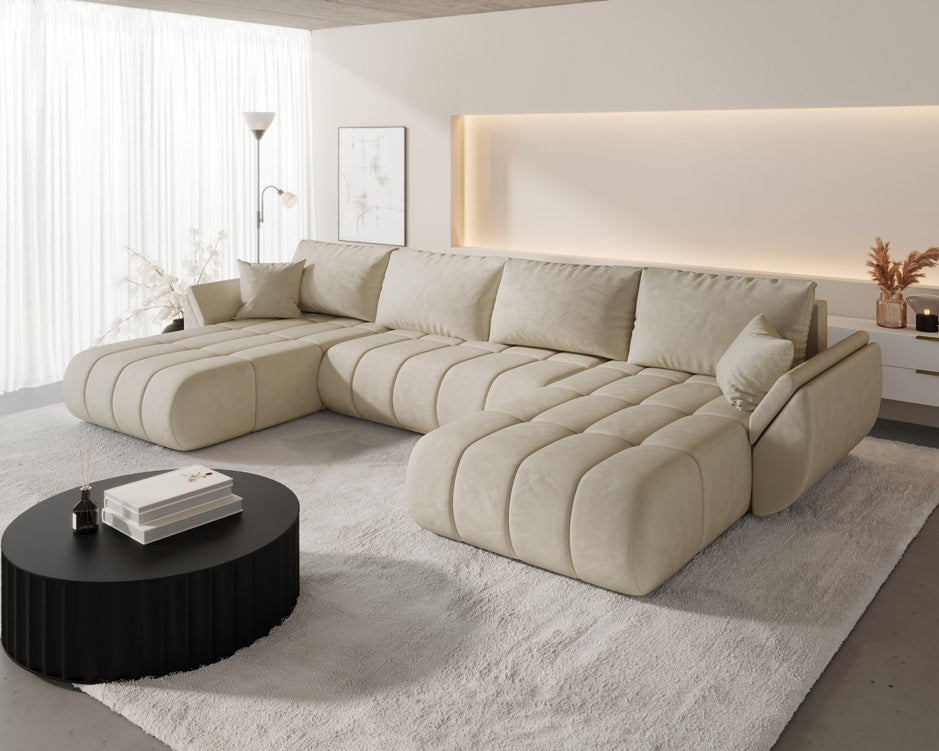 Canapé design Lenoa U avec fonction lit et rabattable en velours