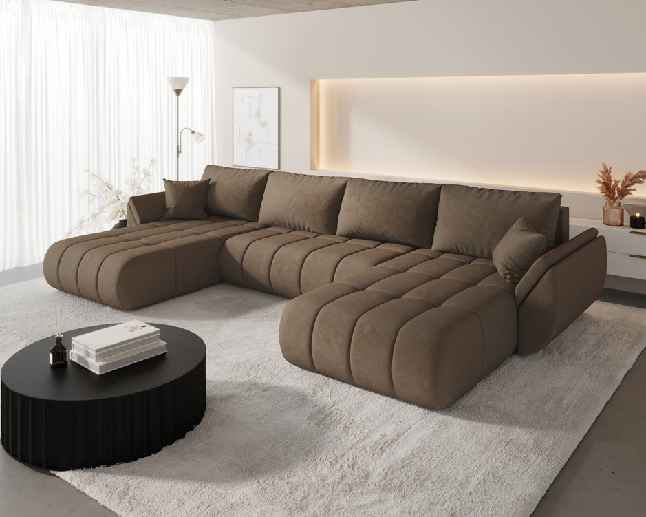 Canapé design Lenoa U avec fonction lit et rabattable en velours