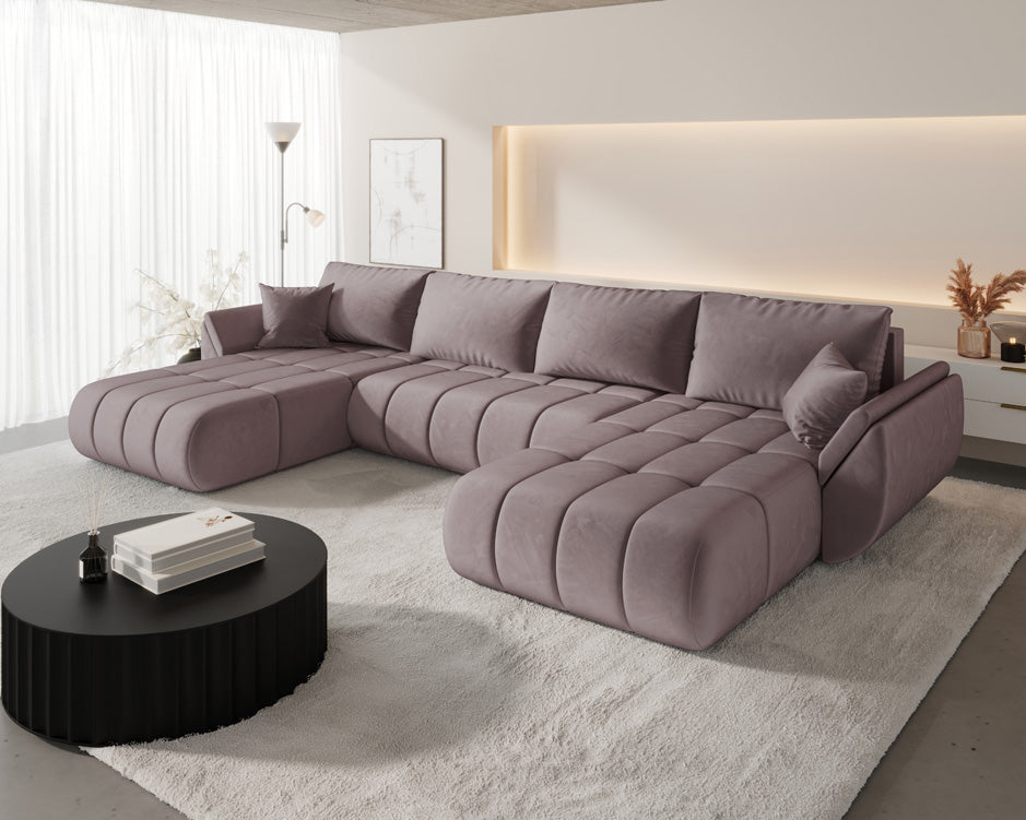 Canapé design Lenoa U avec fonction lit et rabattable en velours