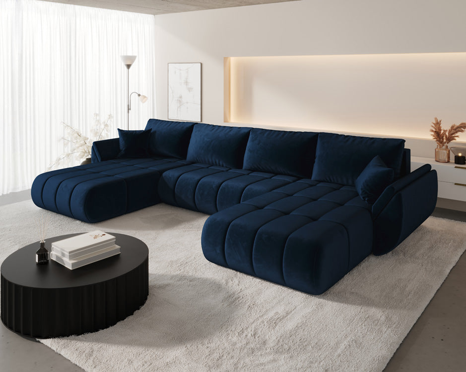 Canapé design Lenoa U avec fonction lit et rabattable en velours