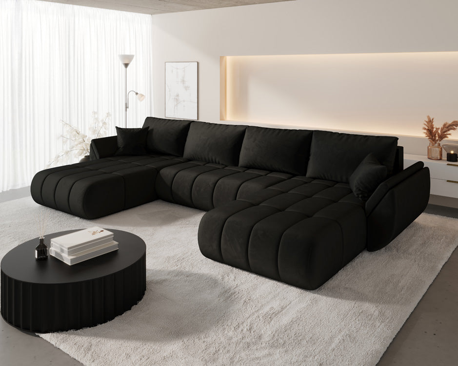 Canapé design Lenoa U avec fonction lit et rabattable en velours