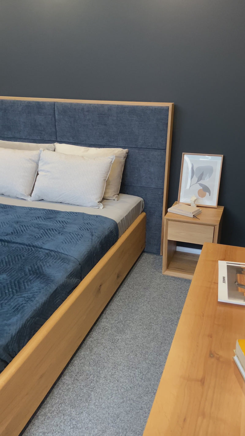 Designer Holzbett Valent aus massiver Eech mat Stauraum