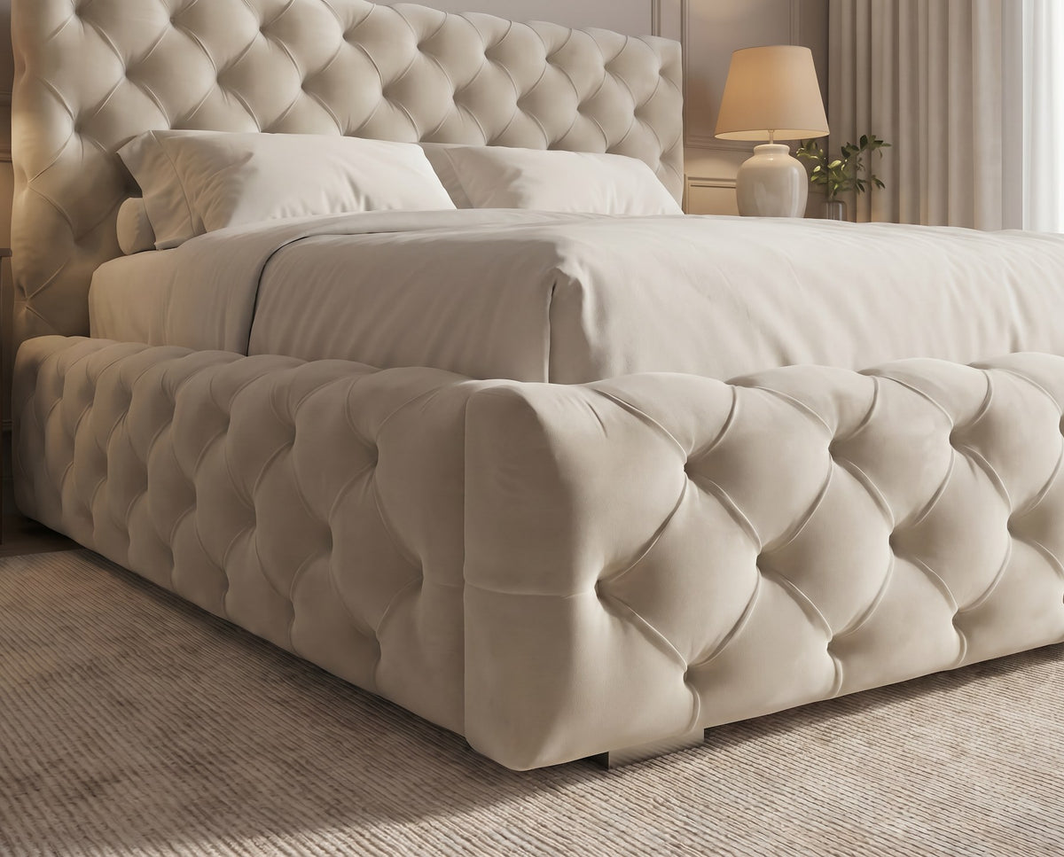 Designer Polsterbett Ria in Samt mit Stauraum – Beige