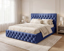 Designer Polsterbett Rivo in Samt mit Stauraum – Blau