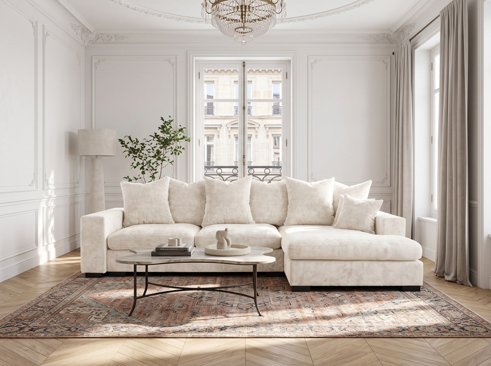 Canapé design Selena L avec fonction couchage en tissu structuré