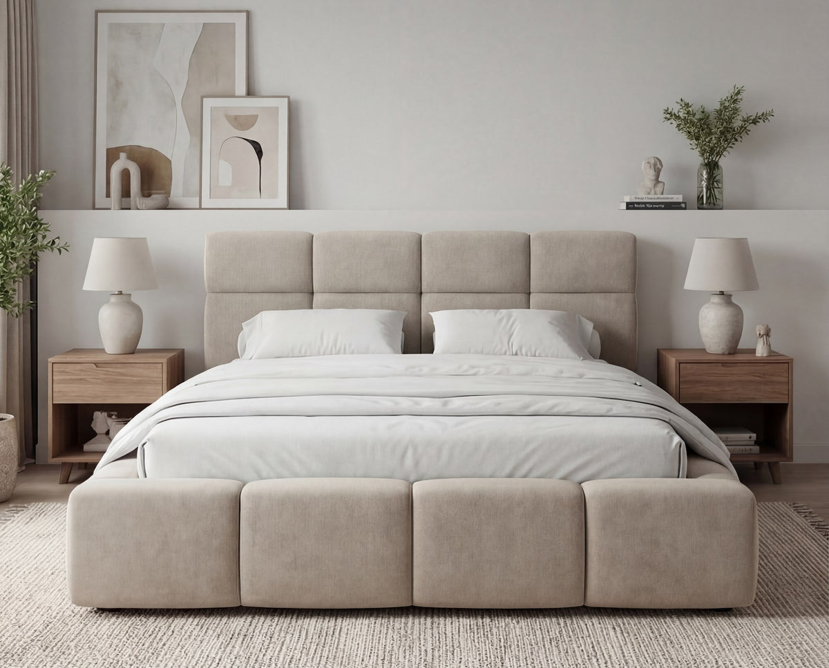 Designer Polsterbett Vero in Samt mit Stauraum – Beige