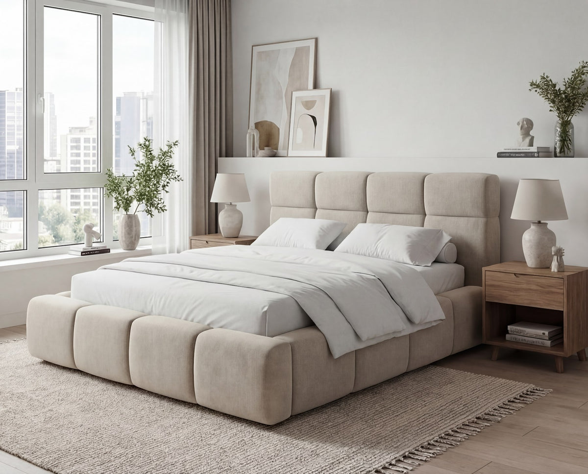 Designer Polsterbett Vero in Samt mit Stauraum – Beige