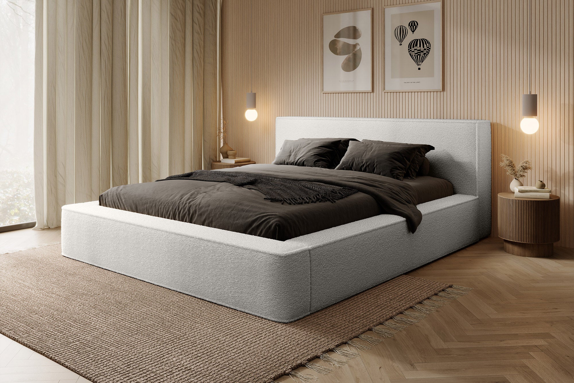 Designer Polsterbett Alma Bouclé mit Stauraum