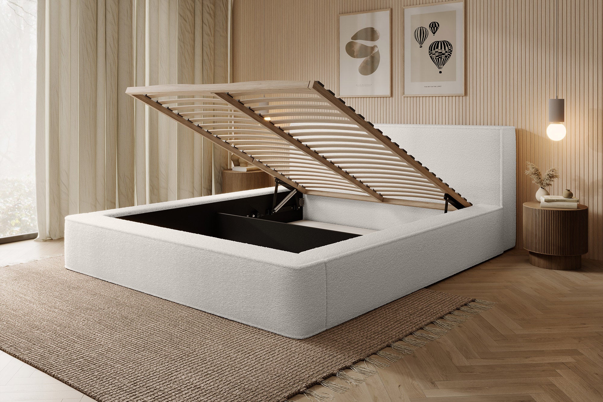 Designer Polsterbett Alma Bouclé mit Stauraum