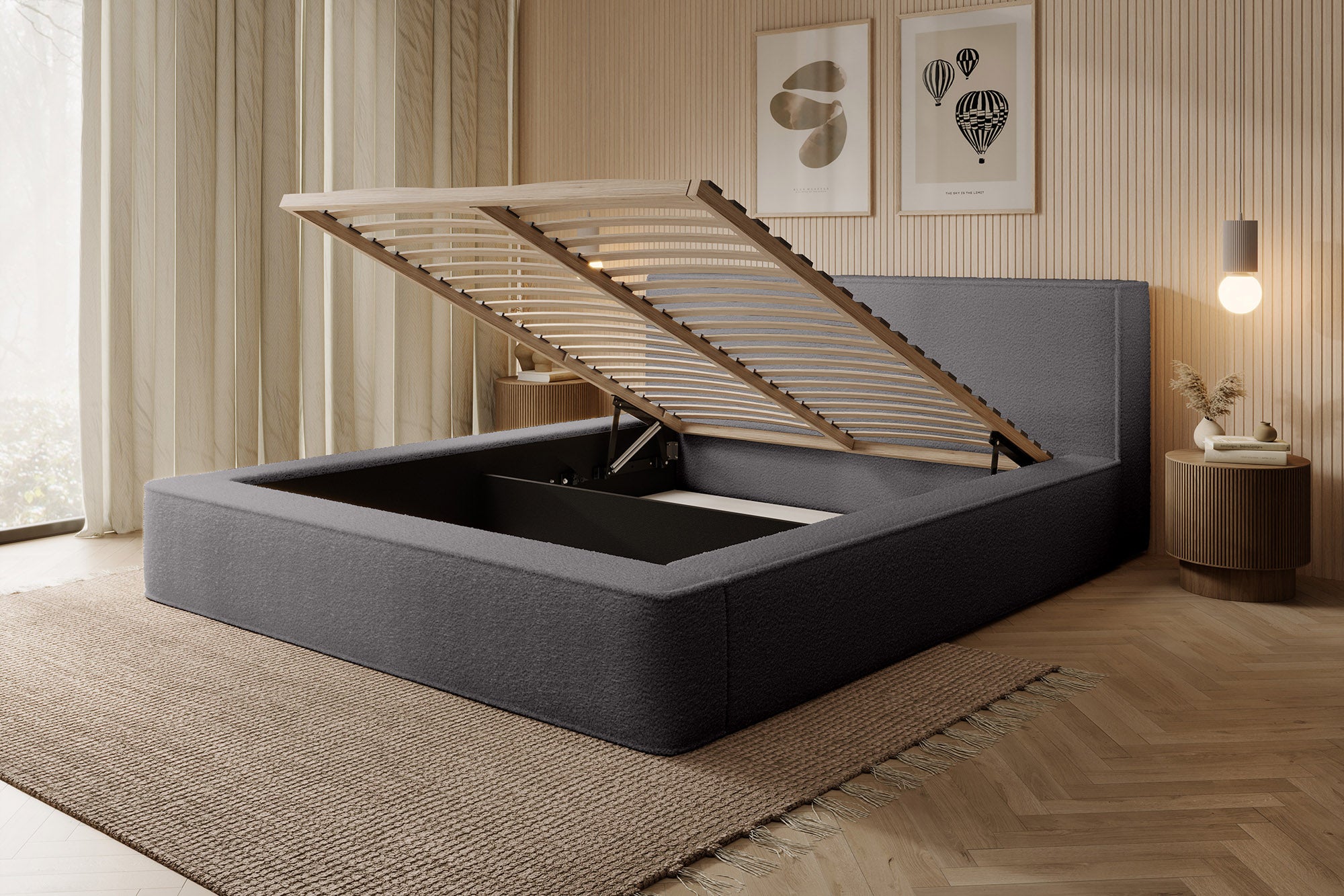 Designer Polsterbett Alma Bouclé mit Stauraum