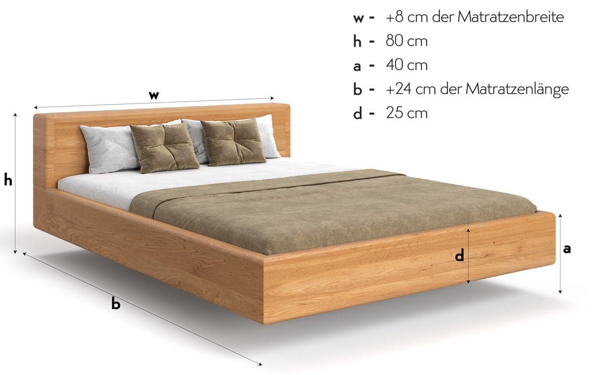 Designert Holzbett Arvelo aus massiver Eechen a Schwebeoptioun an geradem Kappstéck