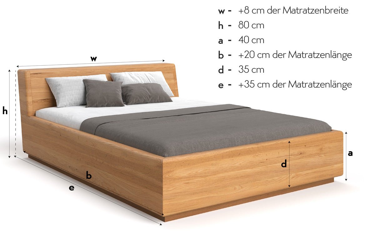 Lit en bois massif Calveno en chêne avec rangement et tête de lit inclinée