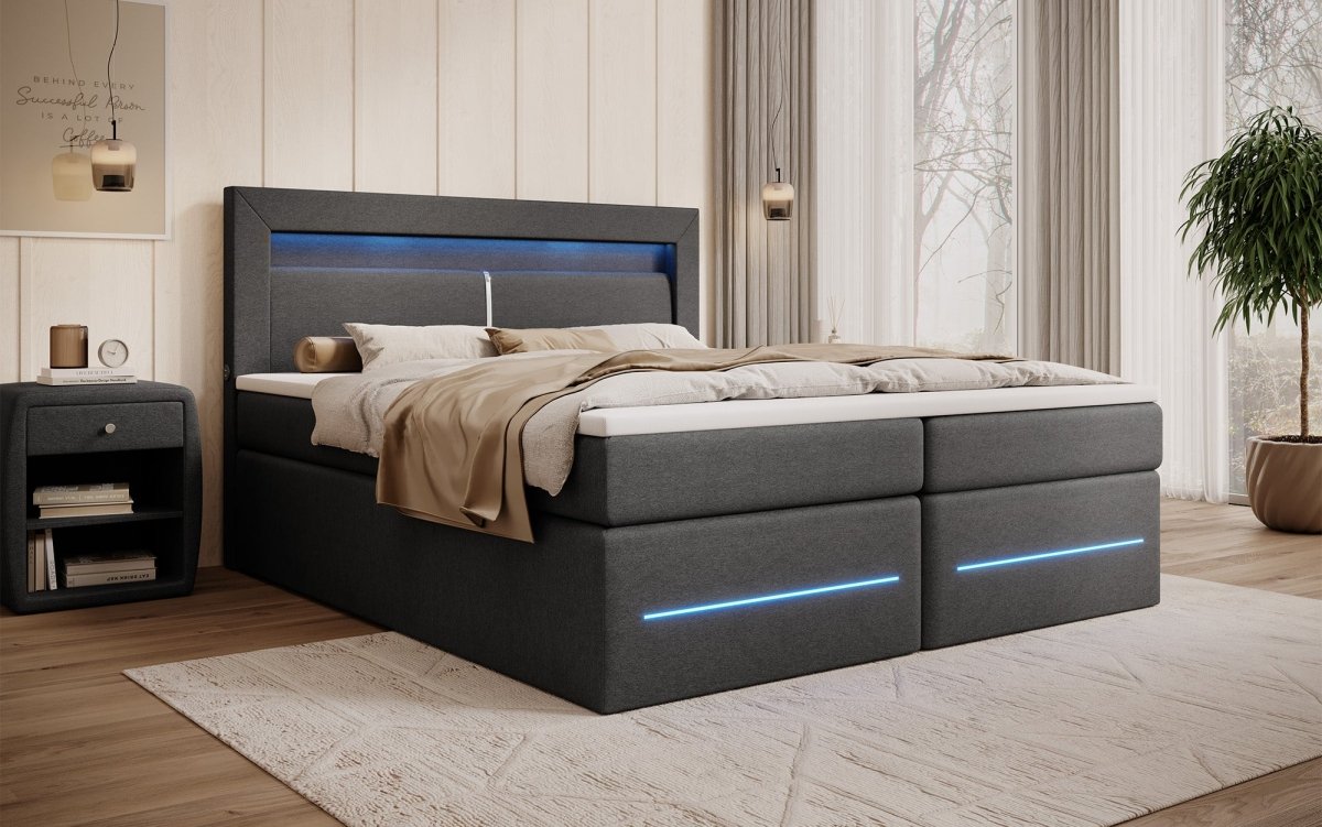 Boxspringbett Nera mit LED, USB und Stauraum - Luxusbetten24