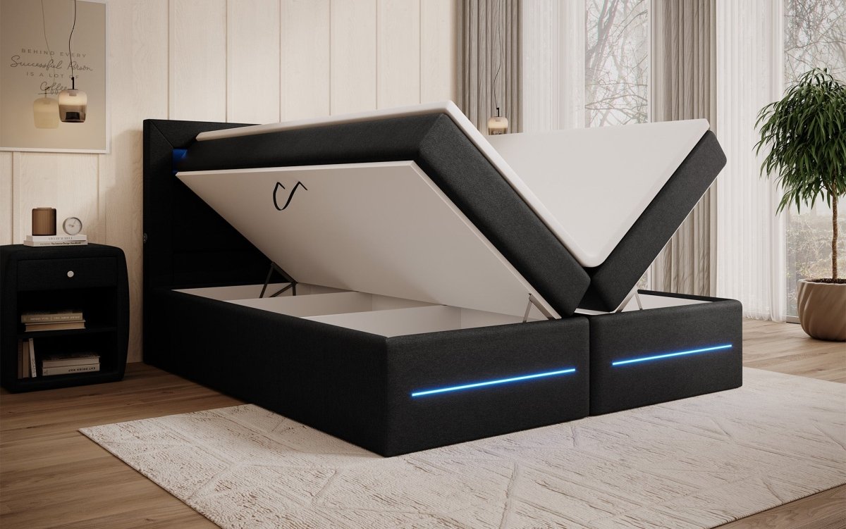 Boxspringbett Nera mit LED, USB und Stauraum - Luxusbetten24