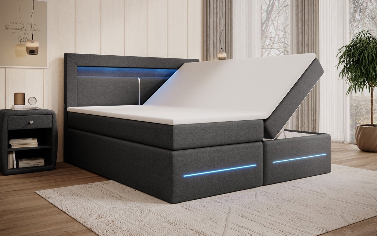 Boxspringbett Nera mit LED, USB und Stauraum - Luxusbetten24