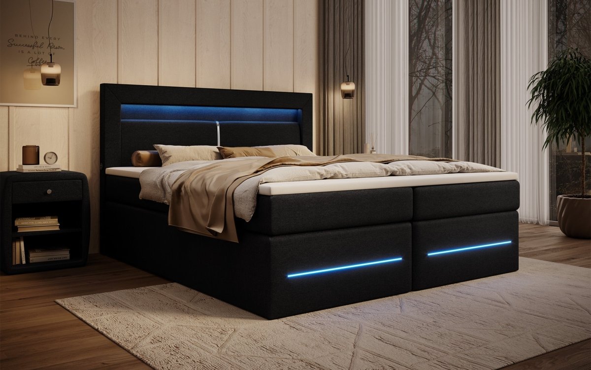 Boxspringbett Nera mit LED, USB und Stauraum - Luxusbetten24