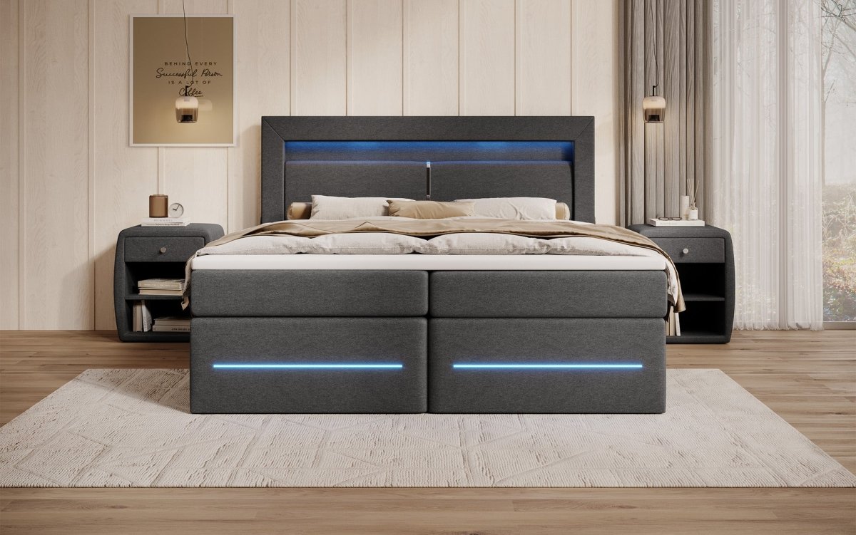 Boxspringbett Nera mit LED, USB und Stauraum - Luxusbetten24