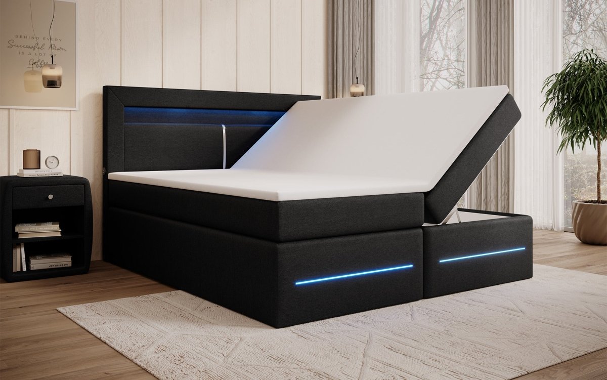 Boxspringbett Nera mit LED, USB und Stauraum - Luxusbetten24