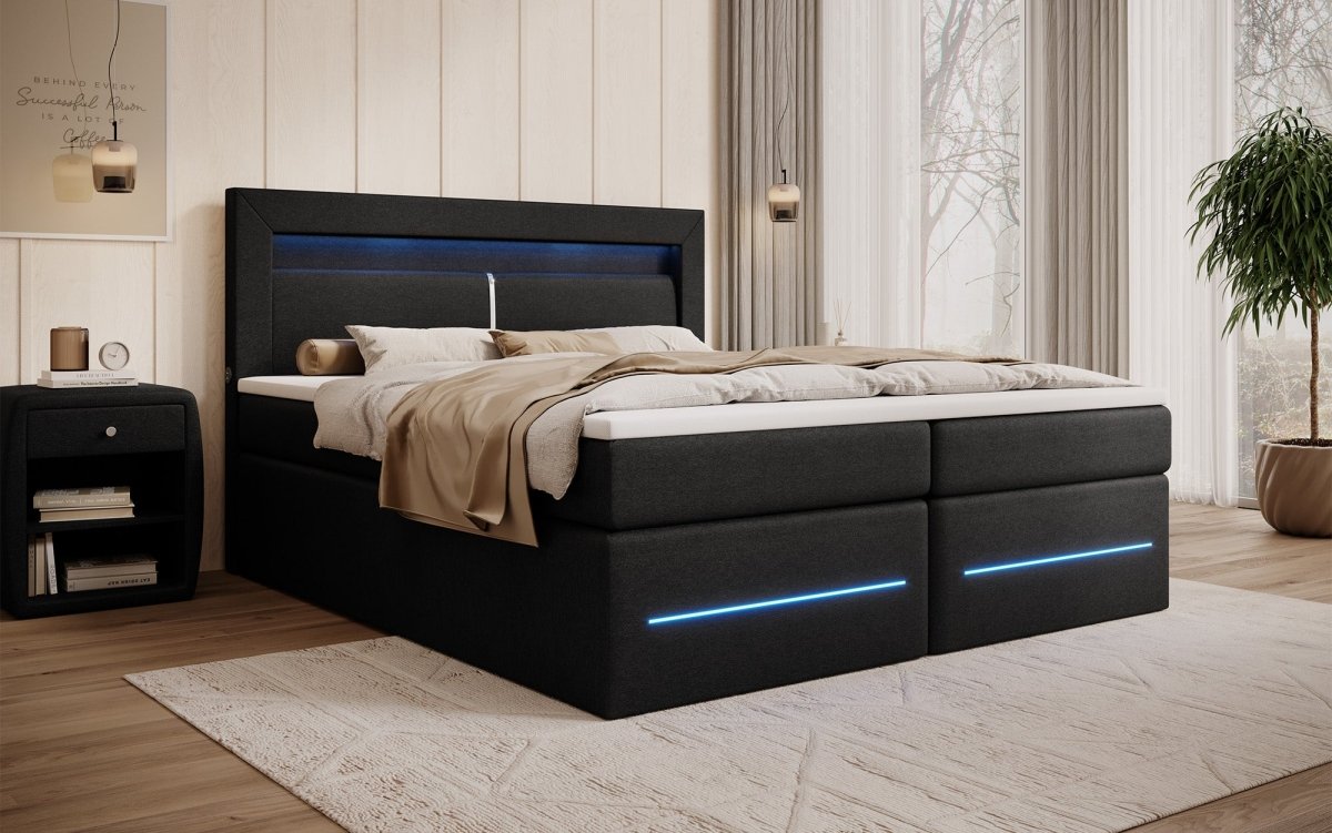 Boxspringbett Nera mit LED, USB und Stauraum - Luxusbetten24