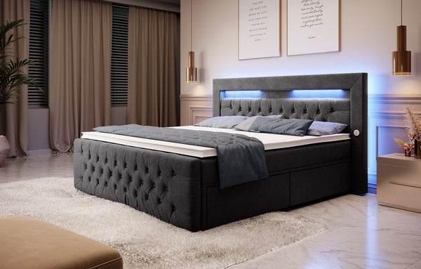 Boxspringbett Sunshine mit indirekter Beleuchtung, USB und Stauraum