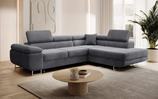 Canapé d’angle design Aston avec fonction couchage et rabattable en Côtelé
